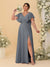 A-Line/Princess V-Neck Short Sleeves Floor-Length Plus Size Bridesmaid Dresses With Side Slit