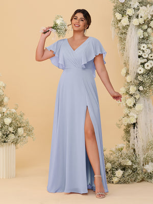 A-Line/Princess V-Neck Short Sleeves Floor-Length Plus Size Bridesmaid Dresses With Side Slit