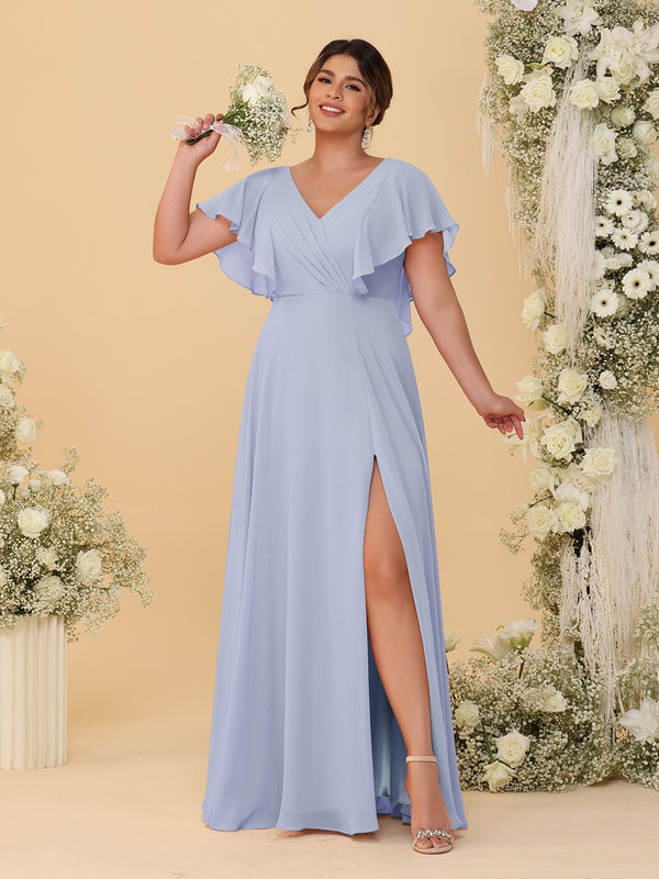 A-Line/Princess V-Neck Short Sleeves Floor-Length Plus Size Bridesmaid Dresses With Side Slit