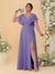 A-Line/Princess V-Neck Short Sleeves Floor-Length Plus Size Bridesmaid Dresses With Side Slit