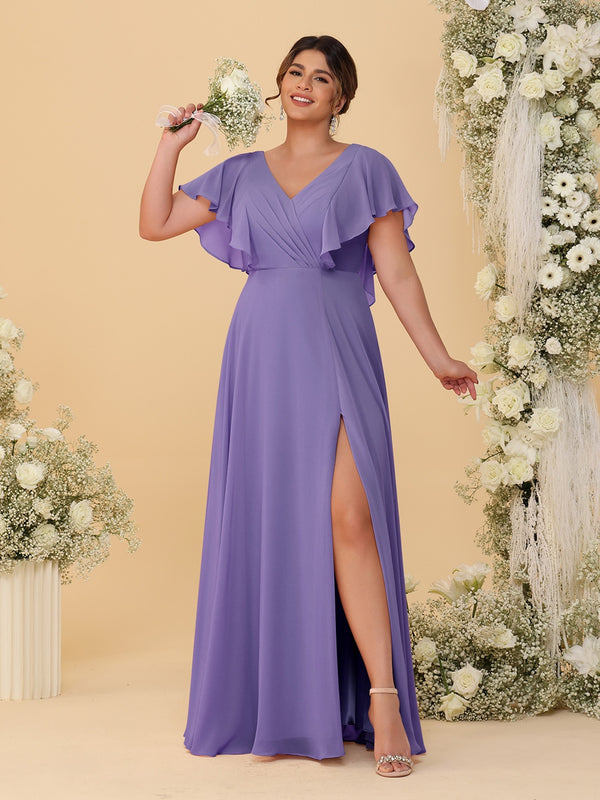 A-Line/Princess V-Neck Short Sleeves Floor-Length Plus Size Bridesmaid Dresses With Side Slit