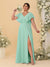 A-Line/Princess V-Neck Short Sleeves Floor-Length Plus Size Bridesmaid Dresses With Side Slit