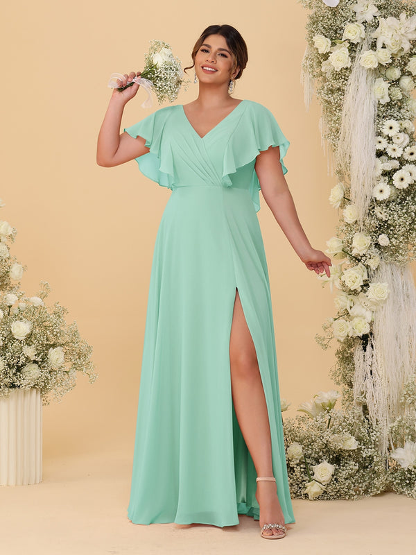 A-Line/Princess V-Neck Short Sleeves Floor-Length Plus Size Bridesmaid Dresses With Side Slit
