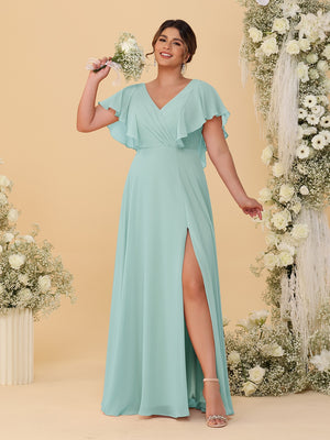 A-Line/Princess V-Neck Short Sleeves Floor-Length Plus Size Bridesmaid Dresses With Side Slit