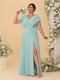 A-Line/Princess V-Neck Short Sleeves Floor-Length Plus Size Bridesmaid Dresses With Side Slit