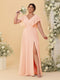 A-Line/Princess V-Neck Short Sleeves Floor-Length Plus Size Bridesmaid Dresses With Side Slit