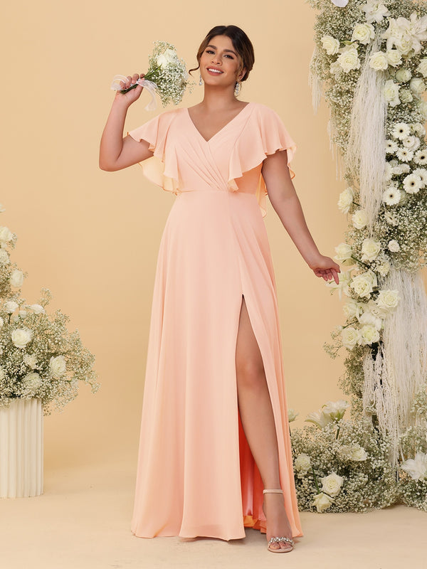 A-Line/Princess V-Neck Short Sleeves Floor-Length Plus Size Bridesmaid Dresses With Side Slit