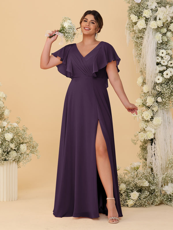 A-Line/Princess V-Neck Short Sleeves Floor-Length Plus Size Bridesmaid Dresses With Side Slit