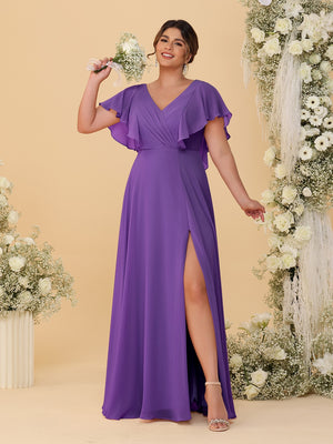 A-Line/Princess V-Neck Short Sleeves Floor-Length Plus Size Bridesmaid Dresses With Side Slit