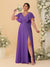 A-Line/Princess V-Neck Short Sleeves Floor-Length Plus Size Bridesmaid Dresses With Side Slit