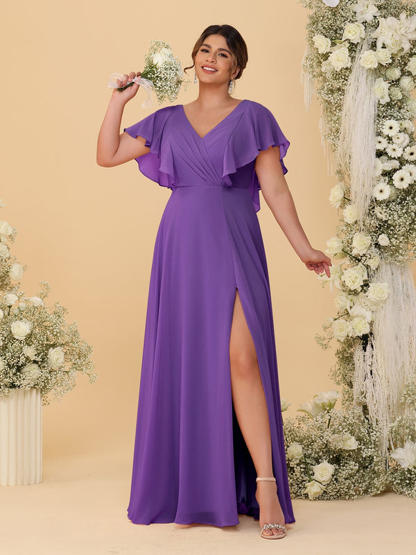 A-Line/Princess V-Neck Short Sleeves Floor-Length Plus Size Bridesmaid Dresses With Side Slit