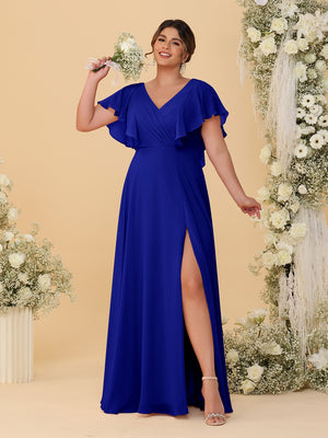 A-Line/Princess V-Neck Short Sleeves Floor-Length Plus Size Bridesmaid Dresses With Side Slit