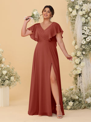 A-Line/Princess V-Neck Short Sleeves Floor-Length Plus Size Bridesmaid Dresses With Side Slit