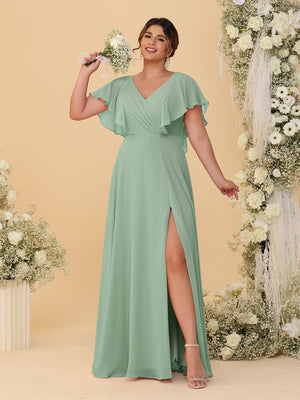 A-Line/Princess V-Neck Short Sleeves Floor-Length Plus Size Bridesmaid Dresses With Side Slit