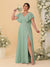A-Line/Princess V-Neck Short Sleeves Floor-Length Plus Size Bridesmaid Dresses With Side Slit