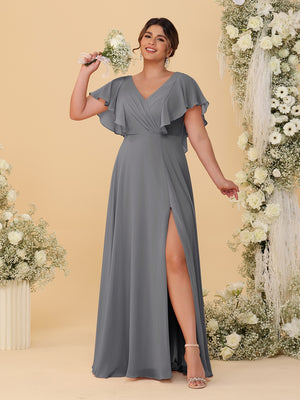 A-Line/Princess V-Neck Short Sleeves Floor-Length Plus Size Bridesmaid Dresses With Side Slit