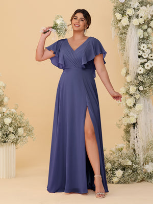 A-Line/Princess V-Neck Short Sleeves Floor-Length Plus Size Bridesmaid Dresses With Side Slit