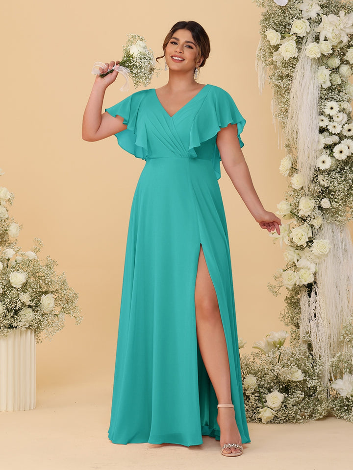 A-Line/Princess V-Neck Short Sleeves Floor-Length Plus Size Bridesmaid Dresses With Side Slit