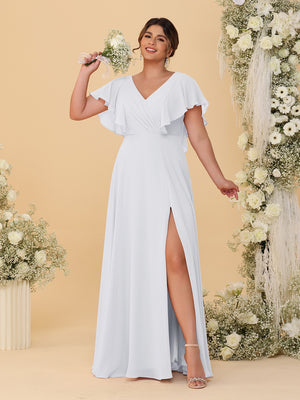 A-Line/Princess V-Neck Short Sleeves Floor-Length Plus Size Bridesmaid Dresses With Side Slit