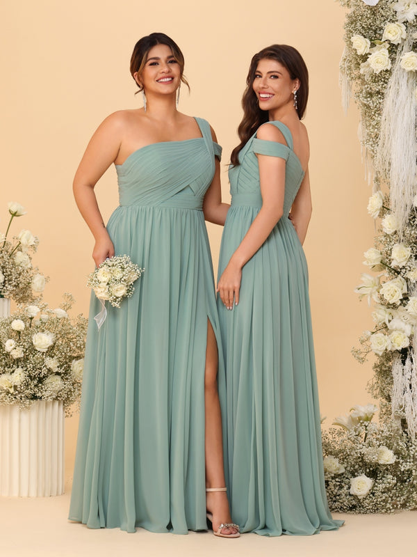 A-Line/Princess One-Shoulder Sleeveless Floor-Length Ruched Bridesmaid Dresses With Side Slit