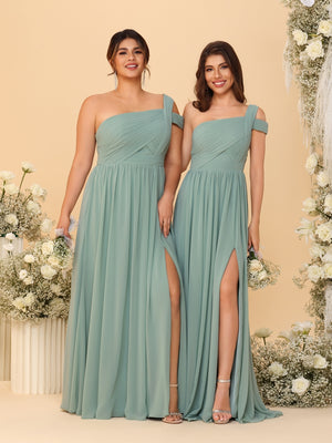 A-Line/Princess One-Shoulder Sleeveless Floor-Length Ruched Bridesmaid Dresses With Side Slit