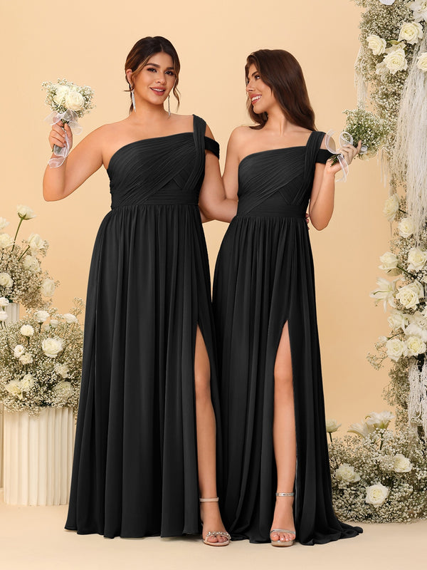 A-Line/Princess One-Shoulder Sleeveless Floor-Length Ruched Bridesmaid Dresses With Side Slit