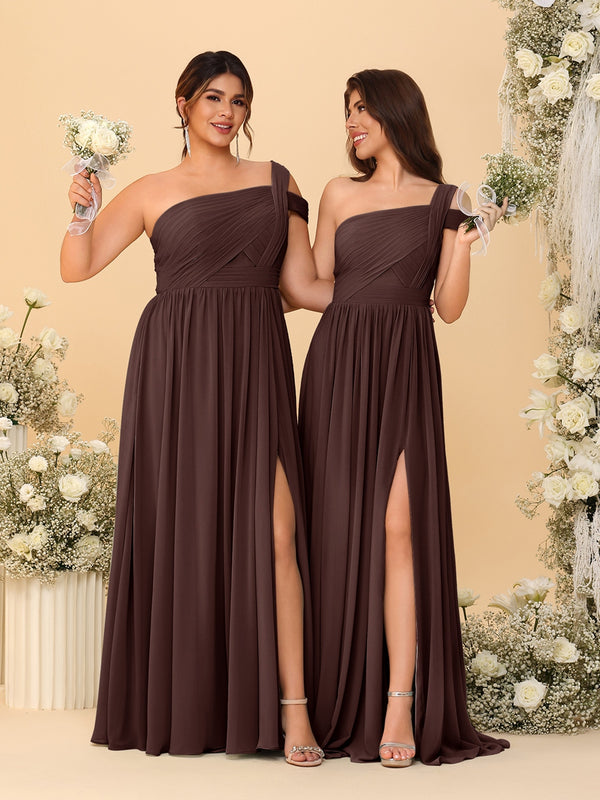 A-Line/Princess One-Shoulder Sleeveless Floor-Length Ruched Bridesmaid Dresses With Side Slit