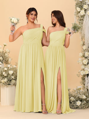 A-Line/Princess One-Shoulder Sleeveless Floor-Length Ruched Bridesmaid Dresses With Side Slit