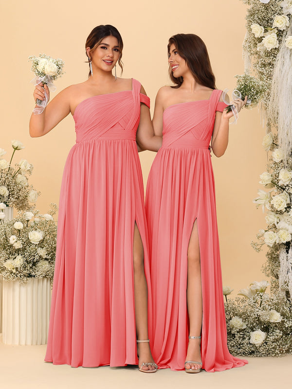 A-Line/Princess One-Shoulder Sleeveless Floor-Length Ruched Bridesmaid Dresses With Side Slit