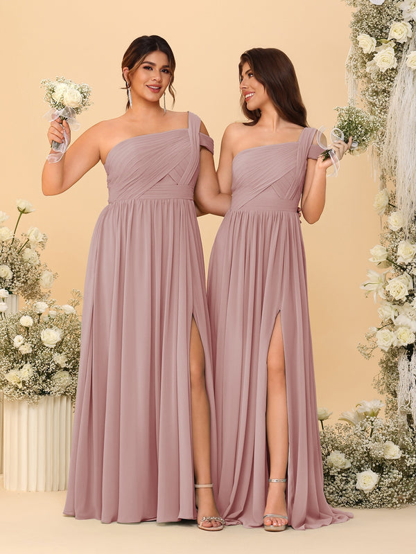 A-Line/Princess One-Shoulder Sleeveless Floor-Length Ruched Bridesmaid Dresses With Side Slit