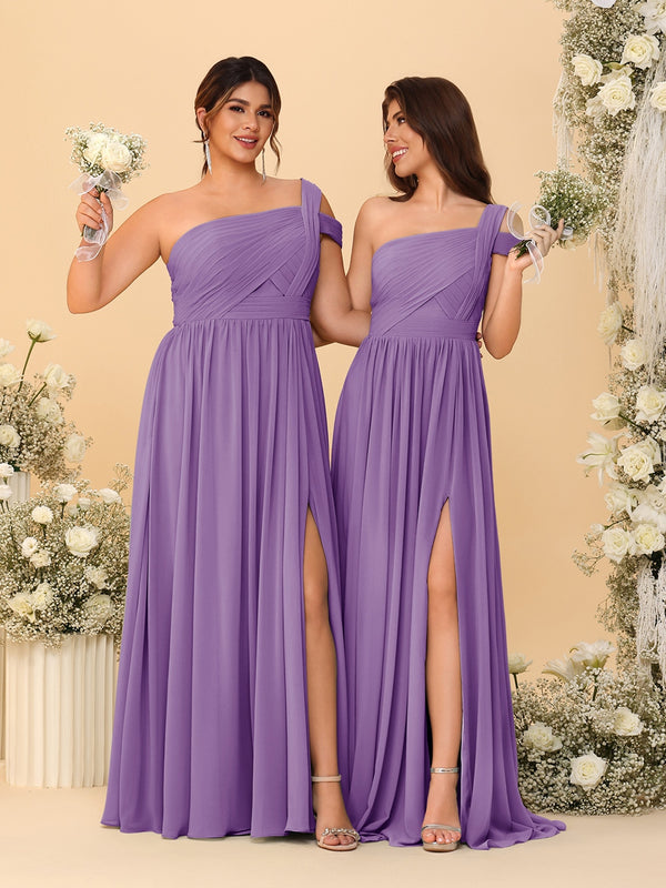 A-Line/Princess One-Shoulder Sleeveless Floor-Length Ruched Bridesmaid Dresses With Side Slit