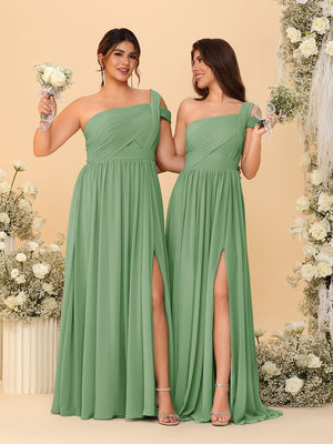 A-Line/Princess One-Shoulder Sleeveless Floor-Length Ruched Bridesmaid Dresses With Side Slit