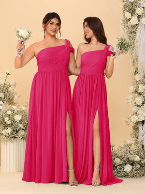 A-Line/Princess One-Shoulder Sleeveless Floor-Length Ruched Bridesmaid Dresses With Side Slit