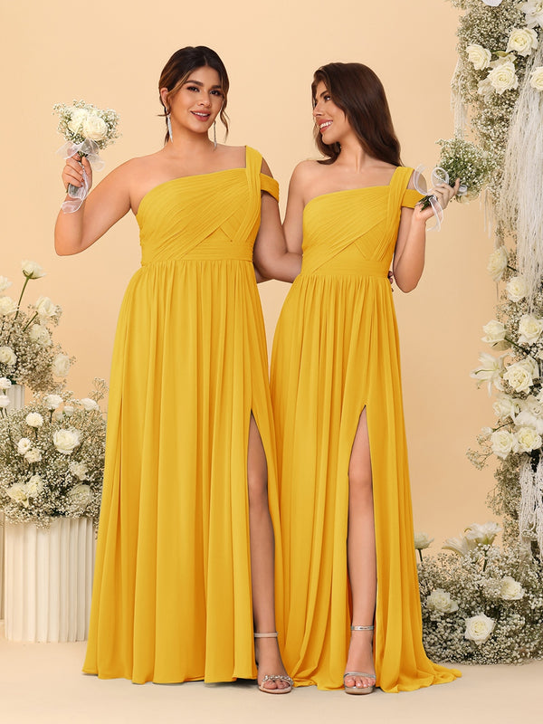 A-Line/Princess One-Shoulder Sleeveless Floor-Length Ruched Bridesmaid Dresses With Side Slit