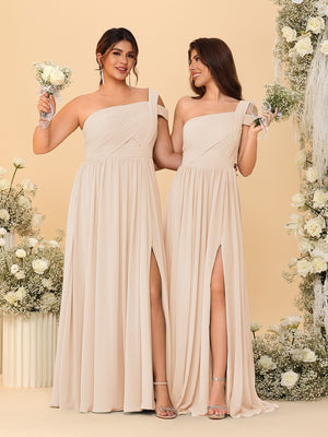 A-Line/Princess One-Shoulder Sleeveless Floor-Length Ruched Bridesmaid Dresses With Side Slit