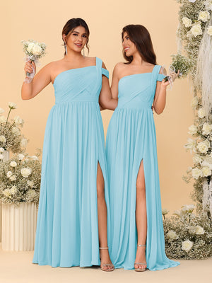 A-Line/Princess One-Shoulder Sleeveless Floor-Length Ruched Bridesmaid Dresses With Side Slit