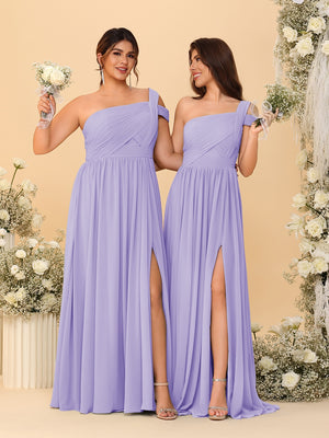 A-Line/Princess One-Shoulder Sleeveless Floor-Length Ruched Bridesmaid Dresses With Side Slit