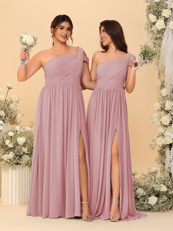 A-Line/Princess One-Shoulder Sleeveless Floor-Length Ruched Bridesmaid Dresses With Side Slit