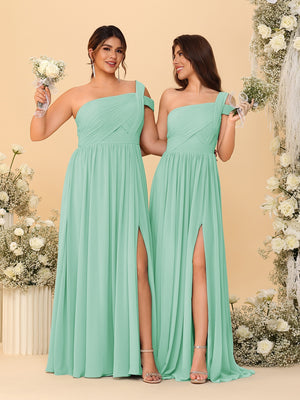 A-Line/Princess One-Shoulder Sleeveless Floor-Length Ruched Bridesmaid Dresses With Side Slit