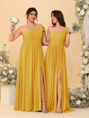 A-Line/Princess One-Shoulder Sleeveless Floor-Length Ruched Bridesmaid Dresses With Side Slit