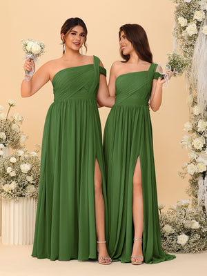 A-Line/Princess One-Shoulder Sleeveless Floor-Length Ruched Bridesmaid Dresses With Side Slit