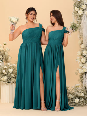 A-Line/Princess One-Shoulder Sleeveless Floor-Length Ruched Bridesmaid Dresses With Side Slit