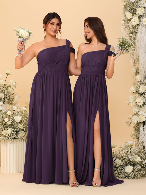 A-Line/Princess One-Shoulder Sleeveless Floor-Length Ruched Bridesmaid Dresses With Side Slit