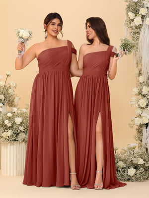 A-Line/Princess One-Shoulder Sleeveless Floor-Length Ruched Bridesmaid Dresses With Side Slit