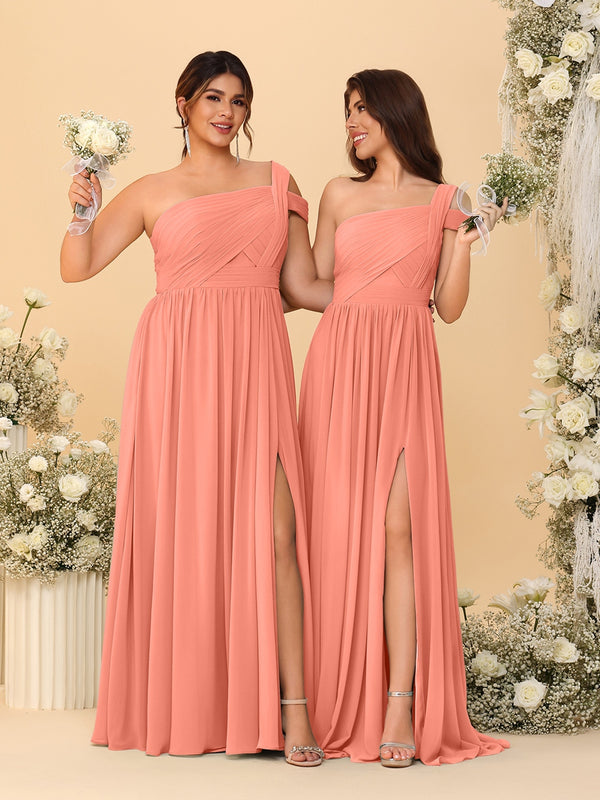 A-Line/Princess One-Shoulder Sleeveless Floor-Length Ruched Bridesmaid Dresses With Side Slit