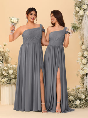 A-Line/Princess One-Shoulder Sleeveless Floor-Length Ruched Bridesmaid Dresses With Side Slit