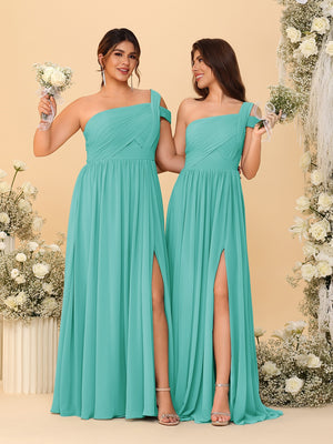 A-Line/Princess One-Shoulder Sleeveless Floor-Length Ruched Bridesmaid Dresses With Side Slit