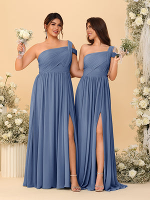 A-Line/Princess One-Shoulder Sleeveless Floor-Length Ruched Bridesmaid Dresses With Side Slit
