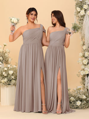 A-Line/Princess One-Shoulder Sleeveless Floor-Length Ruched Bridesmaid Dresses With Side Slit