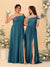 A-Line/Princess One-Shoulder Sleeveless Floor-Length Ruched Bridesmaid Dresses With Side Slit